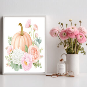 Pretty Pastel Pumpkin with Hydrangea, Roses and Poppy Flowers | Digital Download